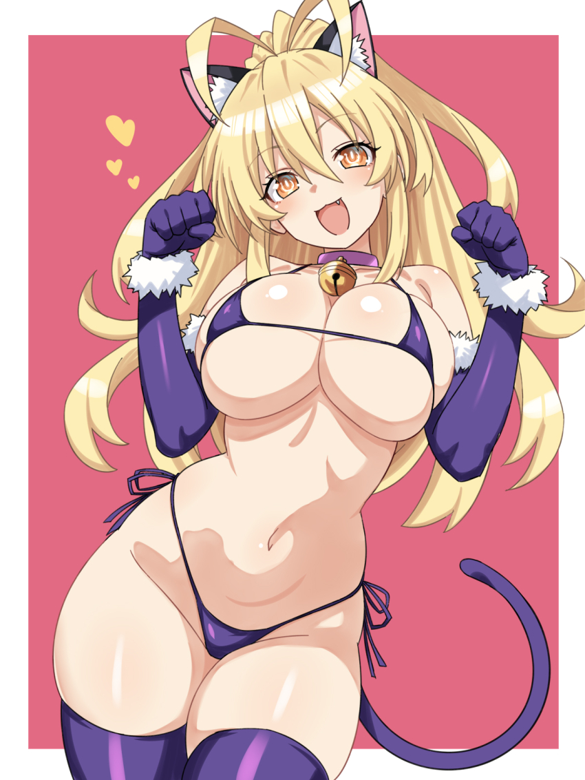 1girl :d animal_ears bell bikini blonde_hair blush boots breasts cat_ears cat_girl cat_tail elbow_gloves fang gloves groin hair_between_eyes hands_up happy heart highleg highleg_bikini highres hip_focus kami_jigen_game_neptune_v large_breasts long_hair navel neck_bell neptune_(series) open_mouth power_symbol purple_bikini purple_gloves side-tie_bikini_bottom skindentation smile solo stomach swimsuit symbol-shaped_pupils tail thigh_boots thighhighs thighs very_long_hair w_arms yellow_eyes yellow_heart_(neptunia) zatsu