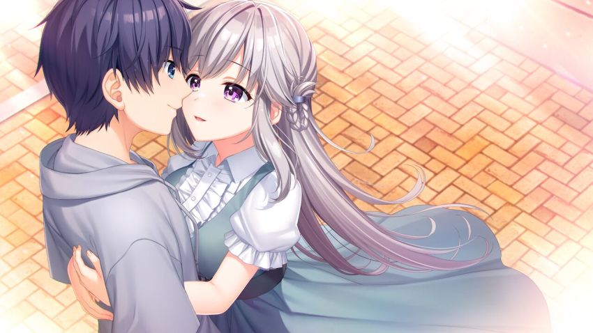 1boy 1girl :d alpha_(yukai_na_nakamatachi) blue_eyes blue_hair closed_mouth collared_shirt couple day dress dress_shirt eye_contact floating_hair game_cg grey_dress grey_sweater hetero hood hood_down hooded_sweater hug imminent_kiss long_dress long_hair looking_at_another non-web_source open_mouth outdoors pinafore_dress pink_eyes shirt short_hair short_sleeves sleeveless sleeveless_dress smile sousaku_kanojo_no_renai_koushiki sweater very_long_hair white_hair white_shirt wing_collar yukisaki_erika