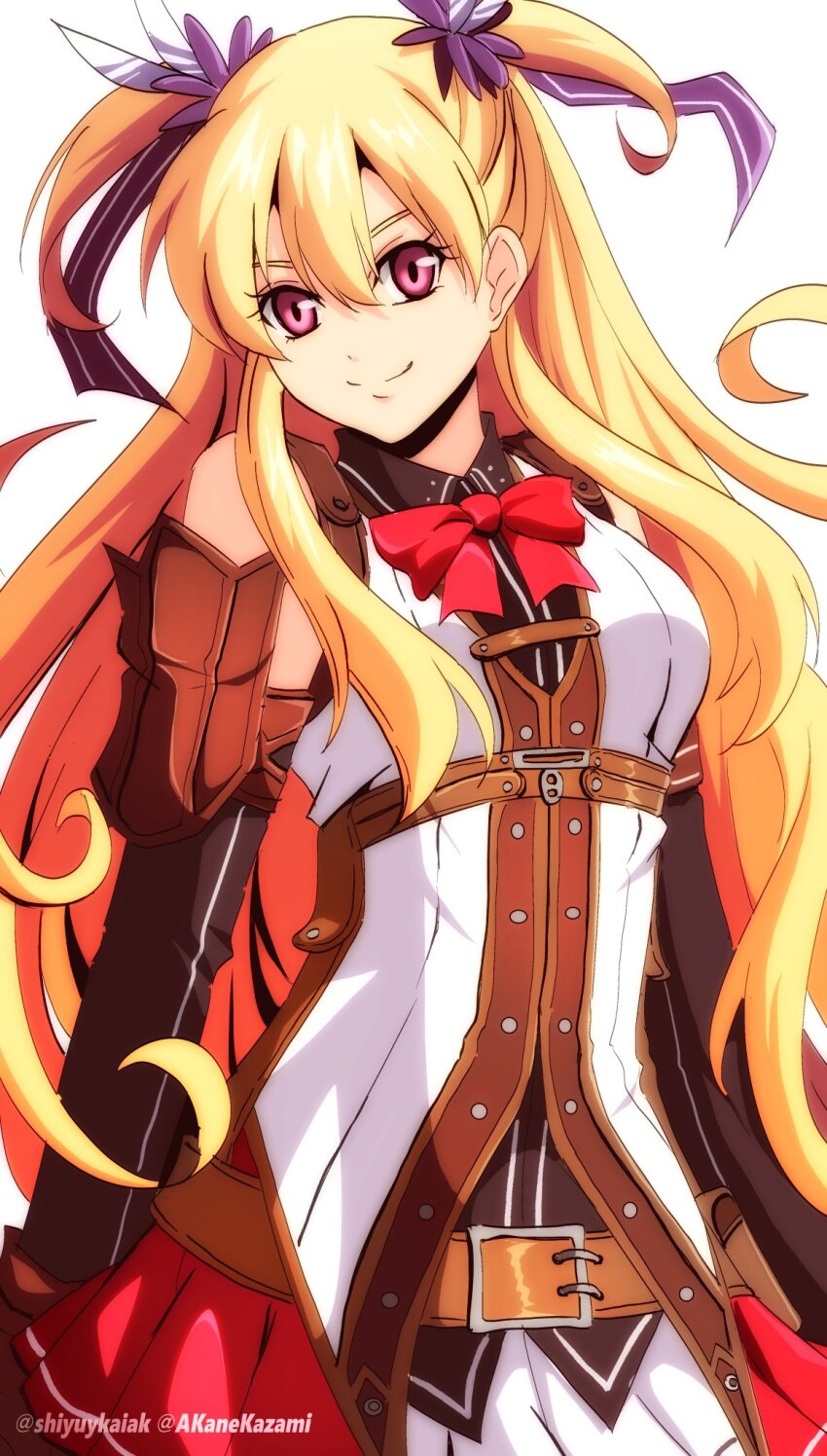 1girl akane_kazami alisa_reinford bare_shoulders blonde_hair breasts detached_sleeves double-parted_bangs eiyuu_densetsu floating_hair hair_between_eyes highres long_hair medium_breasts pixiv_username red_eyes sen_no_kiseki sen_no_kiseki_(series) sen_no_kiseki_ii short_twintails sidelocks simple_background skirt smile solo twintails twitter_username wavy_hair white_background