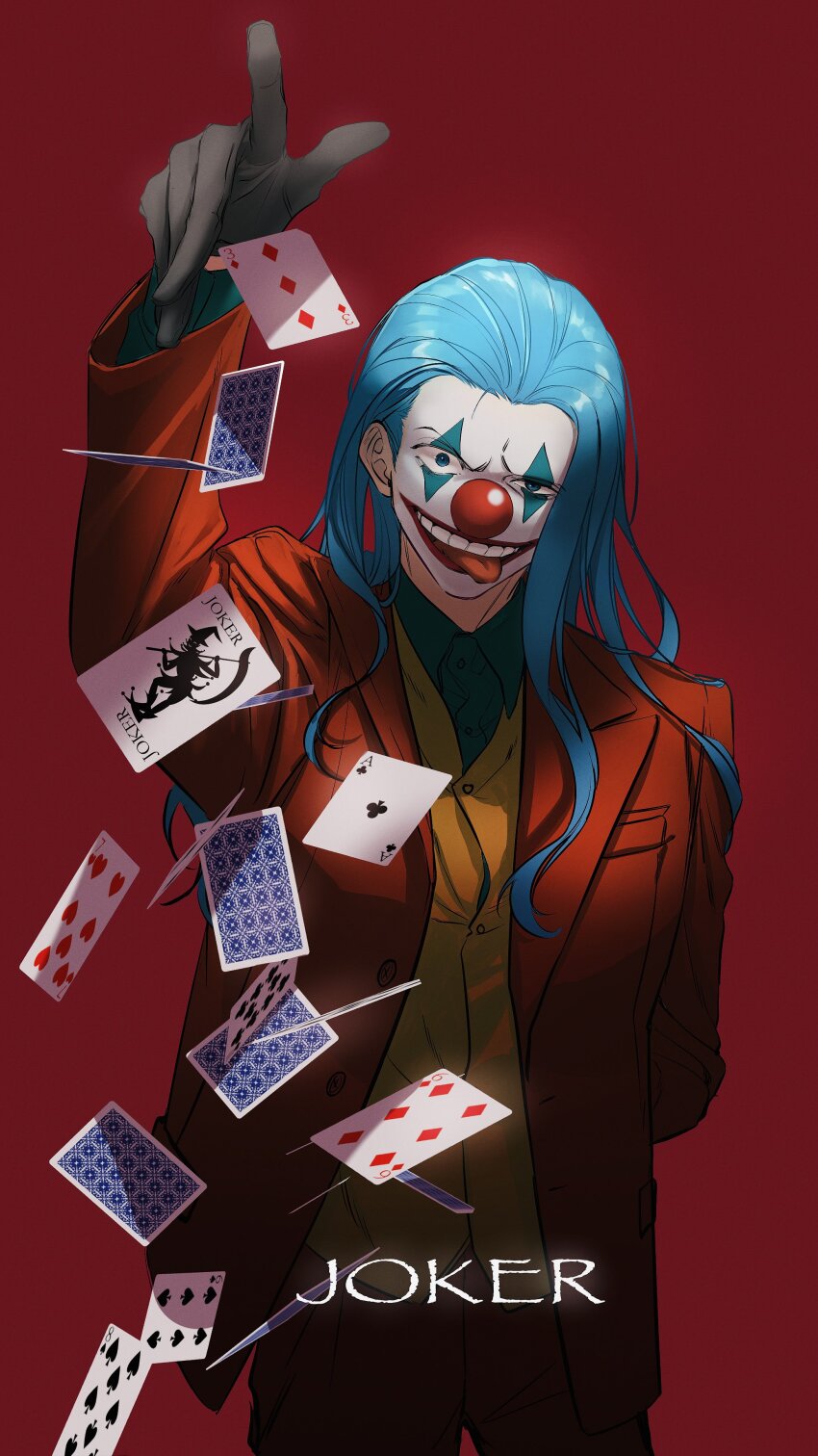 1boy absurdres arm_behind_back batman_(series) black_gloves blue_eyes blue_hair buggy_the_clown card collared_shirt commentary cosplay cowboy_shot dc_comics english_commentary floating_card formal_clothes gloves hair_slicked_back highres joker_(dc)_(cosplay) light_blue_hair long_hair looking_at_viewer makeup male_focus one_piece pants red_background red_lips red_nose rokurnshu003 shirt smile solo suit the_joker tongue tongue_out vest waistcoat