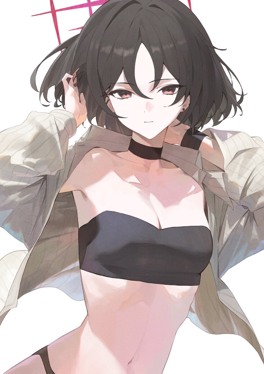1girl bandeau bikini bikini_under_clothes black_bandeau black_bikini blue_archive halo highres misaki_(blue_archive) misaki_(swimsuit)_(blue_archive) navel official_alternate_costume pinstripe_pattern pinstripe_shirt red_halo shirt solo star_halo striped_clothes striped_shirt swimsuit upper_body vertical-striped_clothes vertical-striped_shirt yu_(ba9ama)