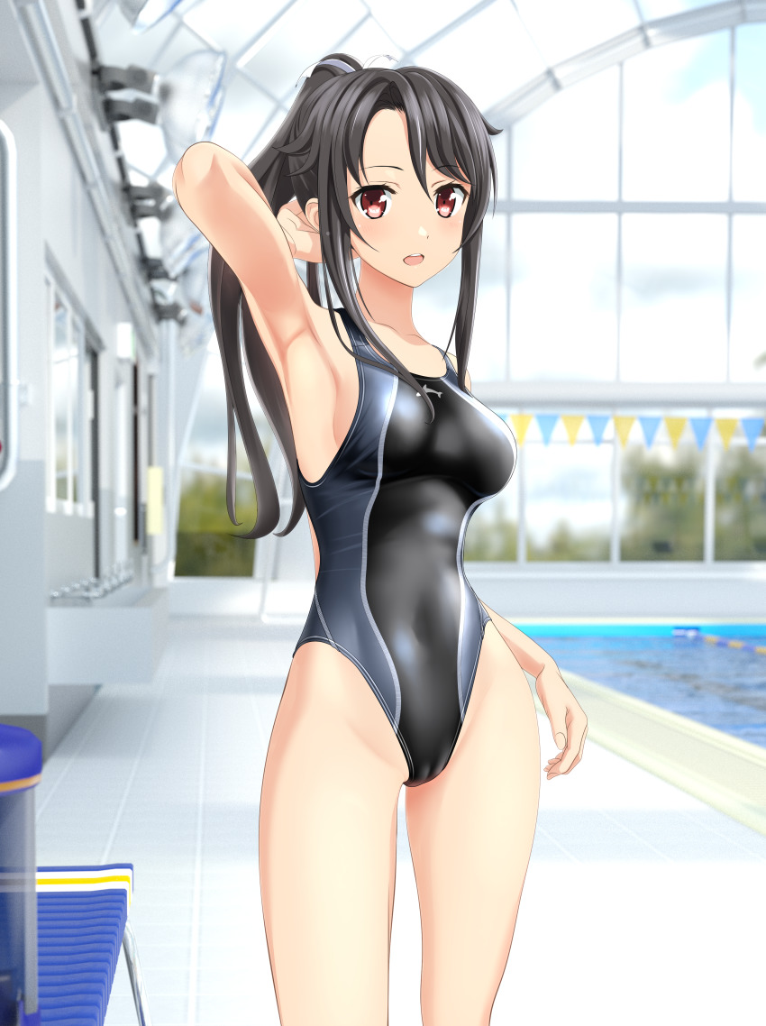 1girl absurdres armpits bench black_hair black_one-piece_swimsuit breasts cameltoe commentary_request competition_swimsuit contrapposto cowboy_shot high_school_fleet highres indoors long_hair looking_at_viewer medium_breasts multicolored_swimsuit munetani_mashiro one-piece_swimsuit open_mouth ponytail pool presenting_armpit red_eyes round_teeth sidelocks solo standing string_of_flags swimsuit takafumi teeth upper_teeth_only