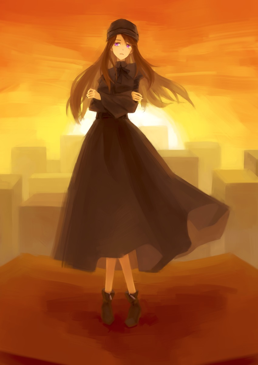1girl absurdres bow brown_hair evening female_focus hands_on_shoulders hat highres ho-c6h4-oh julie_(ultraman_cosmos) long_hair open_mouth purple_eyes sky solo standing sun sunrise sunset ultra_series ultraman_cosmos_(series)