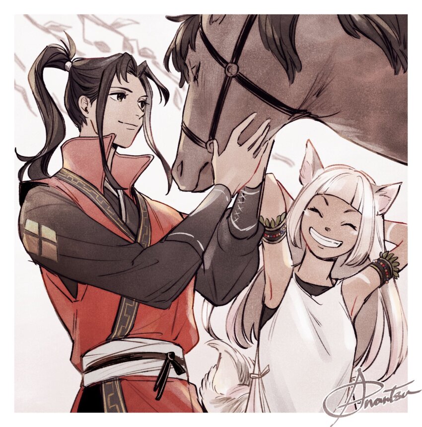 1boy 1girl animal animal_ear_fluff animal_ears anonatsutods arm_markings armband arms_behind_head arms_up black_hair black_shirt blunt_bangs border branch brown_eyes brown_horse closed_eyes closed_mouth commentary dark-skinned_female dark_skin facial_mark grin hair_intakes hashtag-only_commentary high_ponytail highres hikari_ku horse japanese_clothes kimono layered_clothes leaf long_hair long_sleeves looking_at_animal ochette_(octopath_traveler) octopath_traveler octopath_traveler_ii ponytail popped_collar red_kimono reins sash shirt signature sleeveless sleeveless_kimono smile tail tank_top teeth undershirt white_border white_hair white_tank_top
