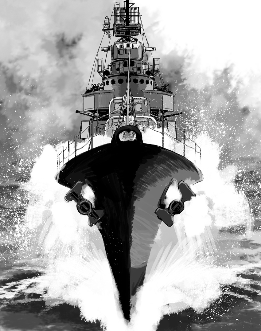 anchor anti-aircraft anti-aircraft_gun commentary destroyer greyscale highres matsuda_juukou military_vehicle monochrome no_humans ocean original ship ship_turret uss_fletcher_(dd-445) vehicle_focus warship watercraft world_war_ii
