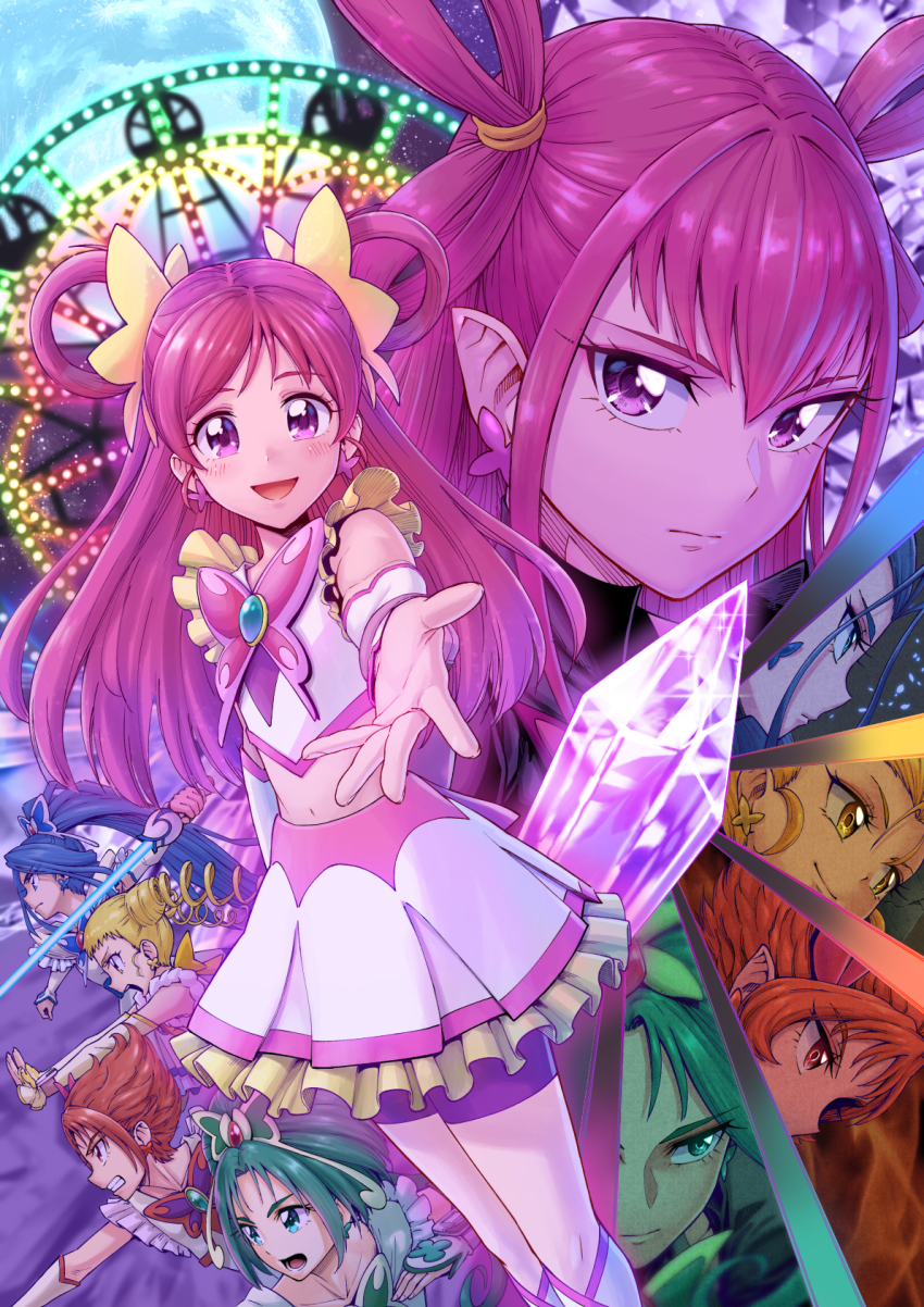 6+girls akimoto_komachi energy_sword bike_shorts blonde_hair blue_eyes blue_hair bow brooch butterfly_earrings butterfly_hair_ornament butterfly_ornament crystal cure_aqua cure_dream cure_lemonade cure_mint cure_rouge dark_aqua dark_cure_(yes!_precure_5) dark_dream dark_lemonade dark_mint dark_rouge drill_hair earrings ferris_wheel foreshortening frilled_skirt frills full_moon green_eyes green_hair hair_ornament hair_rings half_updo high_ponytail highres itou_shin&#039;ichi jewelry kasugano_urara_(yes!_precure_5) light_blush long_hair midriff minazuki_karen moon multiple_girls natsuki_rin navel open_mouth outstretched_hand parted_bangs pink_eyes pink_hair pinky_catch pointy_ears ponytail precure red_eyes red_hair short_hair sidelocks skirt sky smile star_(sky) starry_sky swept_bangs twin_drills yellow_bow yellow_eyes yellow_skirt yes!_precure_5 yumehara_nozomi