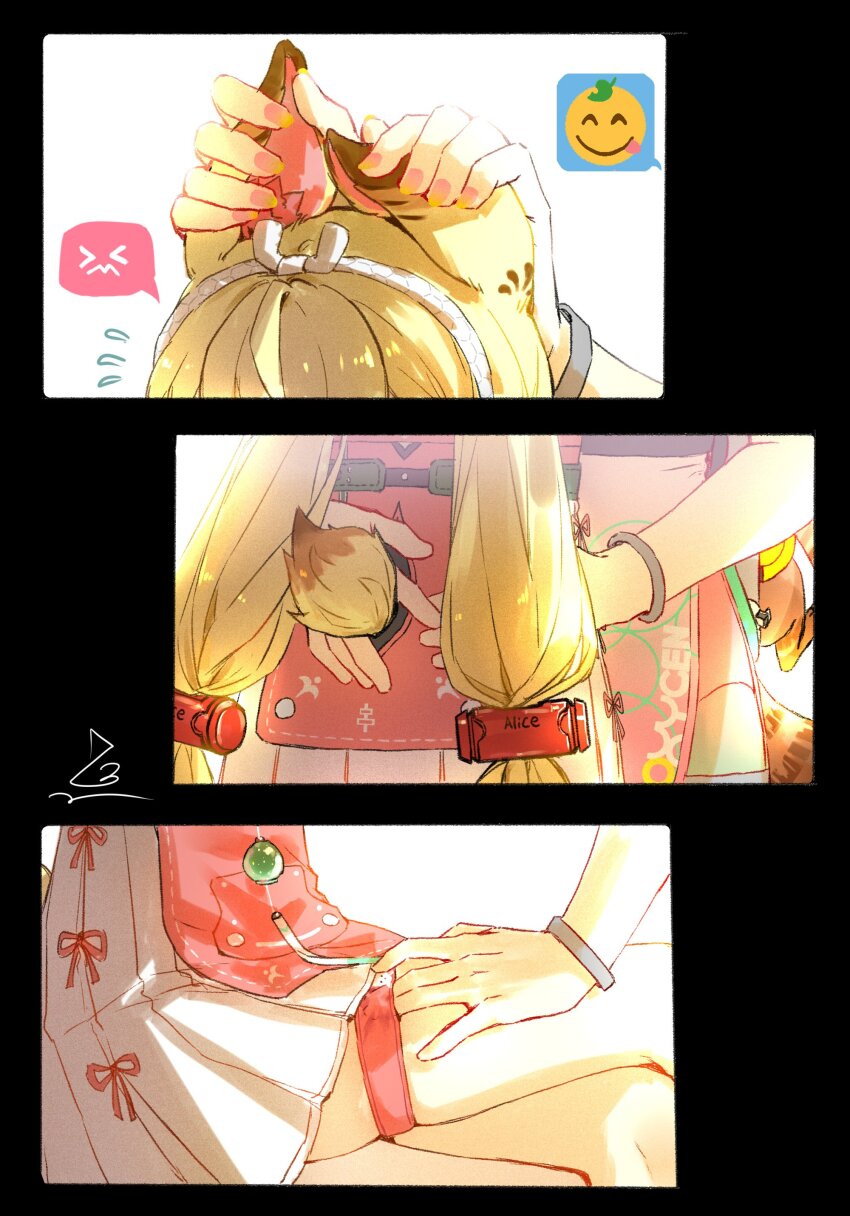 2girls absurdres alice_thymefield animal_ears blonde_hair bracelet commentary grabbing_another&#039;s_ear hand_on_another&#039;s_ear hand_on_another&#039;s_thigh hand_on_another&#039;s_waist hashtag-only_commentary highres jewelry multiple_girls rabbit_ears rabbit_girl rabbit_tail spoken_emoji tail thigh_strap twintails ukinami_yuzuha yuri zenless_zone_zero zx277x