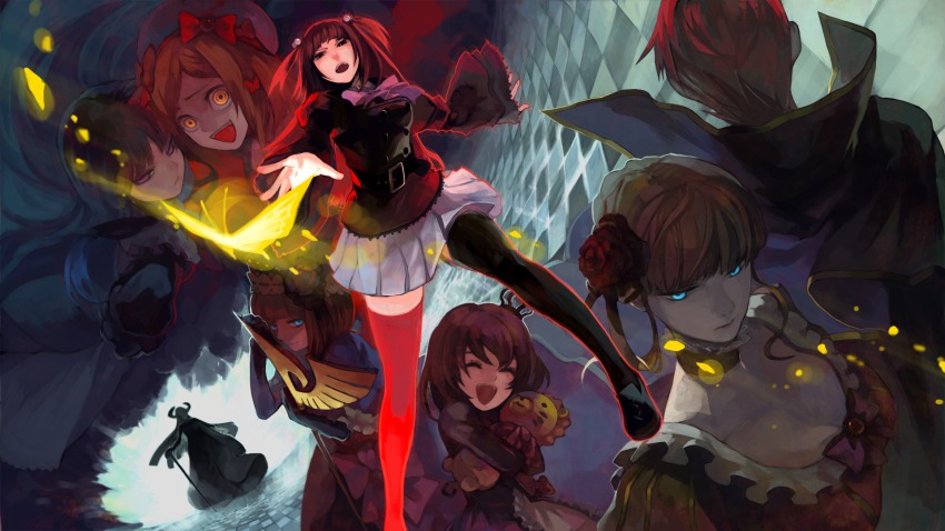 07th_expansion 2boys 6+girls beatrice_(umineko) black_eyes black_gloves black_legwear blonde_hair blue_eyes blue_hair bow brown_hair bug butterfly cape checkered_floor choker crazy_eyes crown dress elbow_gloves eva_beatrice closed_eyes featherine_augustus_aurora floor flower frederica_bernkastel gloves glowing glowing_eyes hair_bobbles hair_bow hair_bun hair_flower hair_ornament hat highres hug insect lambdadelta long_hair maria_(umineko) multiple_boys multiple_girls no_naku_koro_ni_(series) oburaato open_mouth outstretched_arm purple_eyes reaching red_flower red_hair red_rose ringed_eyes rose sakutarou_(umineko) short_hair short_twintails silhouette single_hair_bun skirt staff thighhighs twintails umineko_no_naku_koro_ni ushiromiya_ange ushiromiya_battler ushiromiya_eva ushiromiya_maria yellow_eyes zettai_ryouiki