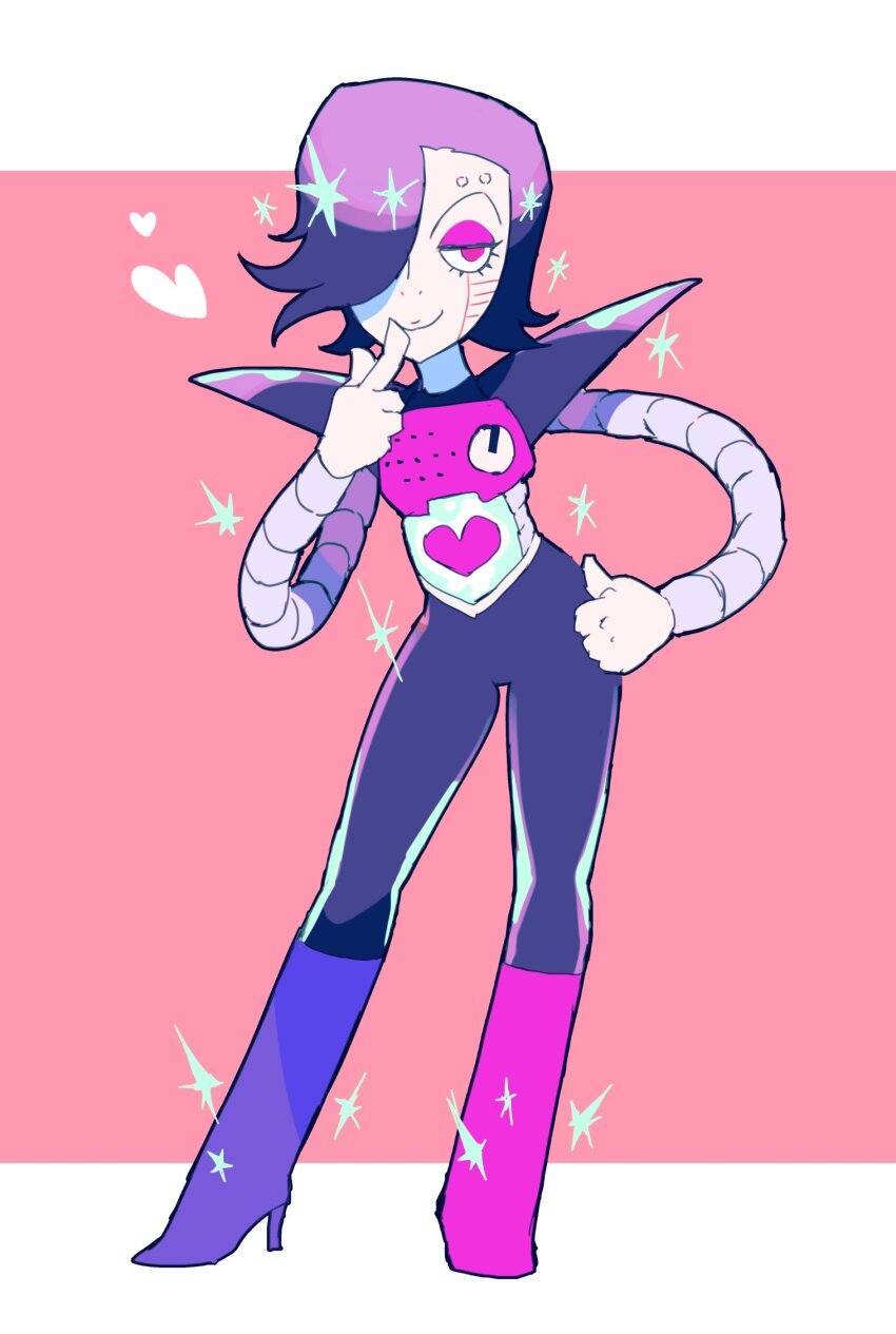 1boy black_hair black_pants boots closed_mouth dial eyeshadow finger_to_mouth gloves hair_over_one_eye hand_on_own_hip heart high_heel_boots high_heels highres humanoid_robot knee_boots looking_at_viewer makeup mechanical_arms mettaton mettaton_ex one_eye_covered ouse_(otussger) pants pink_background pink_boots pink_eyes pink_eyeshadow robot short_hair shoulder_pads simple_background smile solo sparkle undertale white_gloves