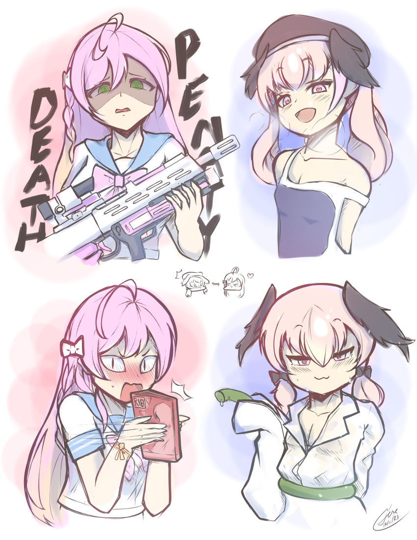 &lt;|&gt;_&lt;|&gt; 2girls :3 absurdres ahoge assault_rifle beret black_hat black_wings blue_archive blue_sailor_collar blush book bow bowtie braid breasts breath bullpup closing_book collarbone disgust embarrassed feathered_wings green_eyes gun hair_between_eyes hair_bow hanako_(blue_archive) hat head_wings heart heart-shaped_pupils highres holding holding_book holding_gun holding_hose holding_weapon hose koharu_(blue_archive) l85 large_breasts long_hair looking_at_viewer multiple_girls naughty_face official_alternate_costume one-piece_swimsuit open_mouth oversized_clothes oversized_shirt partially_unbuttoned personality_switch pink_bow pink_bowtie pink_eyes pink_hair rifle sailor_collar school_swimsuit school_uniform serafuku shirt short_sleeves side_braid single_bare_shoulder single_braid single_off_shoulder single_sleeve_past_fingers small_breasts smug swimsuit symbol-shaped_pupils the_x_(jene) trinity_general_school_swimsuit v-shaped_eyebrows weapon wet wet_clothes wet_shirt white_bow white_serafuku wings