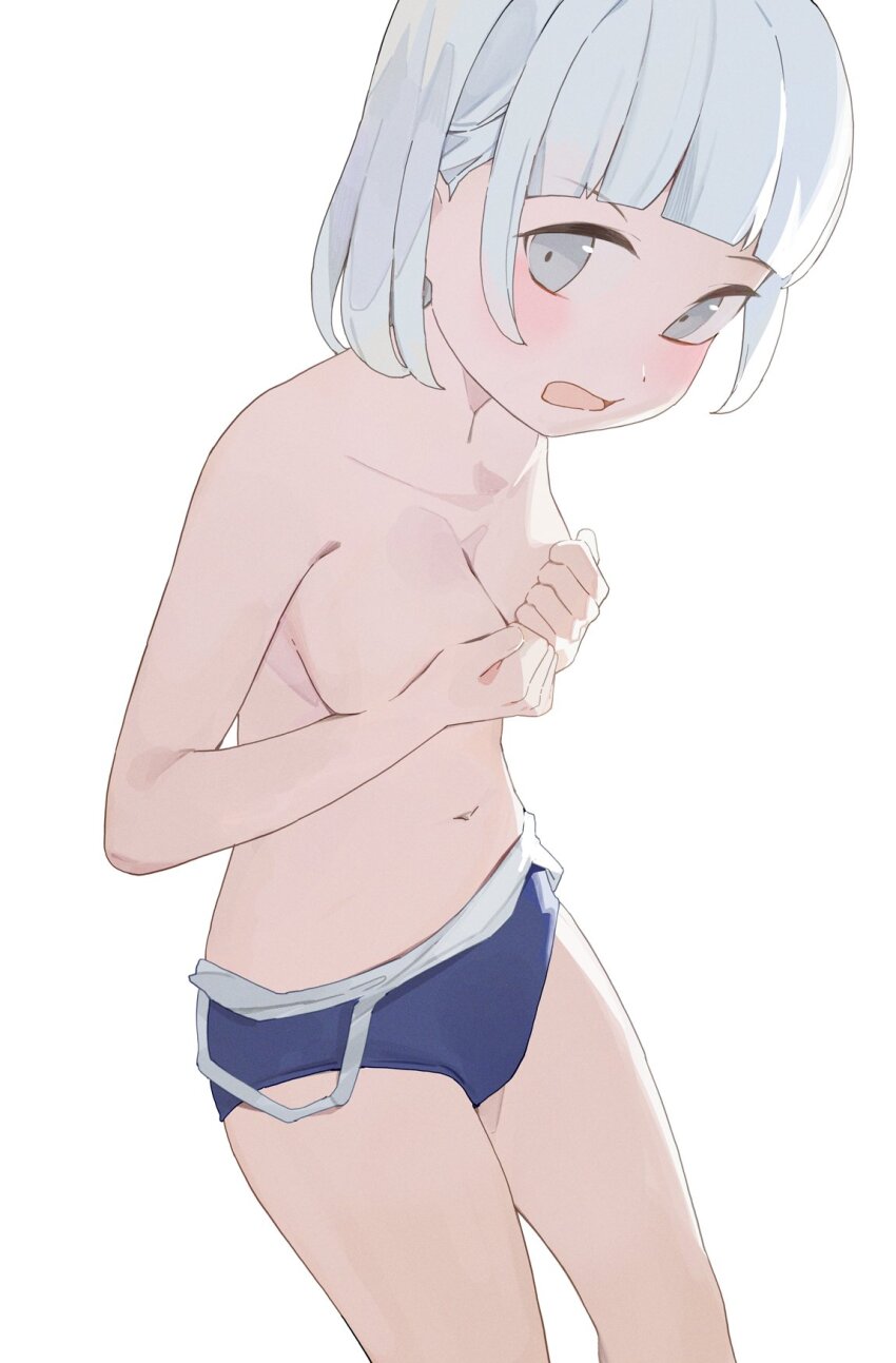 1girl blue_one-piece_swimsuit blush breasts clothes_pull collarbone covering_breasts covering_privates embarrassed grey_eyes highres hiroki_(yyqw7151) looking_at_viewer navel one-piece_swimsuit one-piece_swimsuit_pull open_mouth original short_hair small_breasts solo standing swimsuit white_background white_hair