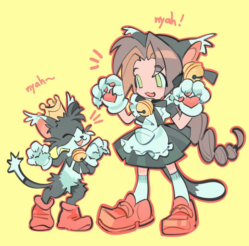 1girl aerith_gainsborough animal_ear_hairband animal_ears animal_hands apron bell black_dress black_fur boots braid braided_ponytail brown_boots brown_hair brown_shoes cait_sith_(final_fantasy) cat_ear_hairband cat_ears cat_paws crown dress fake_animal_ears final_fantasy final_fantasy_vii full_body gloves green_eyes hair_bell hair_ornament hairband highres lentymet loafers long_hair mini_crown neck_bell open_mouth parted_bangs paw_gloves paw_pose shoes single_braid smile socks tuxedo_cat two-tone_fur white_apron white_fur white_gloves white_socks yellow_background