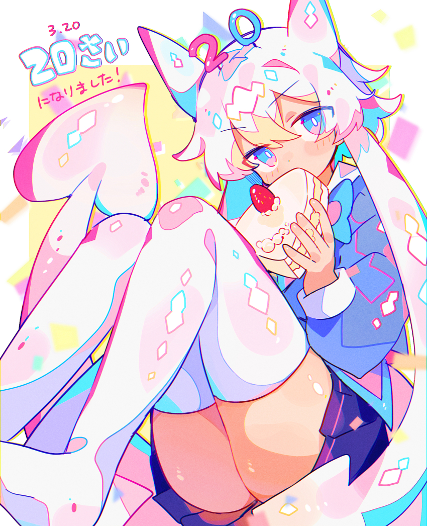 1girl blue_eyes bright_pupils cake cake_slice character_age commentary_request dated food full_body highres invisible_chair original sitting skirt solo squid_girl thighhighs translated uenomigi white_hair white_pupils white_thighhighs yamii_(uenomigi)