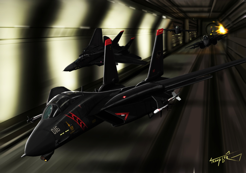 absurdres ace_combat ace_combat_5 aircraft airplane artist_name demon_of_razgriz emblem explosion f-14 f-18 fighter_jet highres military military_vehicle missile no_humans pilot razgriz razgriz_squadron signature thompson_(solowingfh) tunnel vehicle_focus