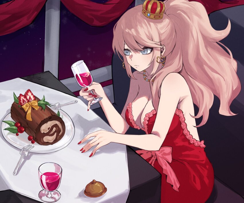 1girl bare_arms bare_shoulders bear_earrings bell blonde_hair breasts cake cleavage danganronpa:_trigger_happy_havoc danganronpa_(series) danganronpa_10th_anniversary_costume dress earrings enoshima_junko food fork frilled_dress frills glass highres hy_(fjvlg) jewelry large_breasts official_alternate_costume plate ponytail red_dress red_nails sitting solo