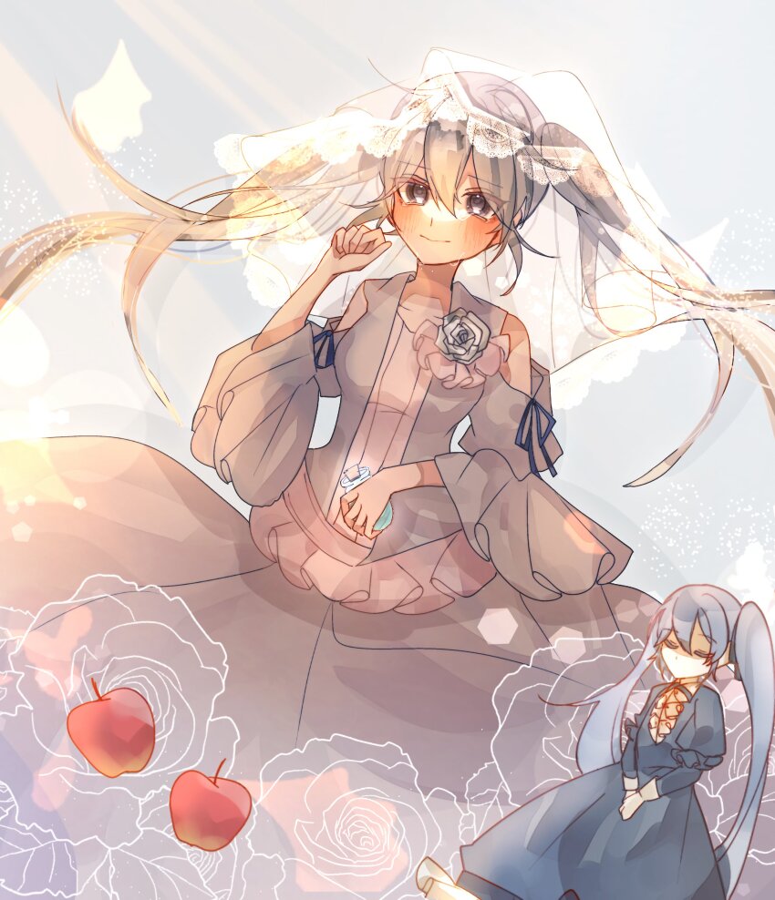 1girl absurdres apple aqua_dress aqua_eyes aqua_flower aqua_hair aqua_rose bare_shoulders blue_dress blue_ribbon blush bottle bridal_veil clockworker&#039;s_doll closed_eyes clothing_cutout collar crying crying_with_eyes_open dress dress_flower dress_ribbon evillious_nendaiki flask flower food frilled_collar frilled_sleeves frills fruit hatsune_miku highres holding holding_bottle holding_flask lens_flare light_rays long_hair looking_at_viewer margarita_blankenheim nemurase_hime_kara_no_okurimono_(vocaloid) poison puge_(r_neko_12) apple ribbon rose shoulder_cutout smile solo tearing_up tears twintails veil very_long_hair vessel_of_sin vocaloid white_veil wide_sleeves