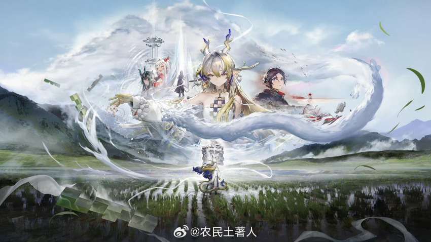1boy 1other 3girls :d ^_^ arknights artist_request bare_shoulders beads black_hair blonde_hair character_request chinese_commentary clone closed_eyes closed_mouth cloud colored_skin commentary_request day dragon dragon_girl dragon_horns dragon_tail dusk_(arknights) earrings eastern_dragon facing_away fantasy field green_horns grey_eyes hair_between_eyes hair_intakes half-closed_eyes highres horns jacket jewelry long_hair long_sleeves looking_ahead looking_down looking_up magic mountain multicolored_hair multiple_girls necklace nian_(arknights) off_shoulder official_art open_mouth outdoors outstretched_arm plant pointy_ears purple_hair purple_horns purple_tail red_horns rice_paddy ripples seed short_hair shu_(arknights) smile standing tail very_long_hair water watermark weibo_watermark white_hair white_horns white_jacket white_tail wind yellow_horns yellow_tail zuo_le_(arknights)