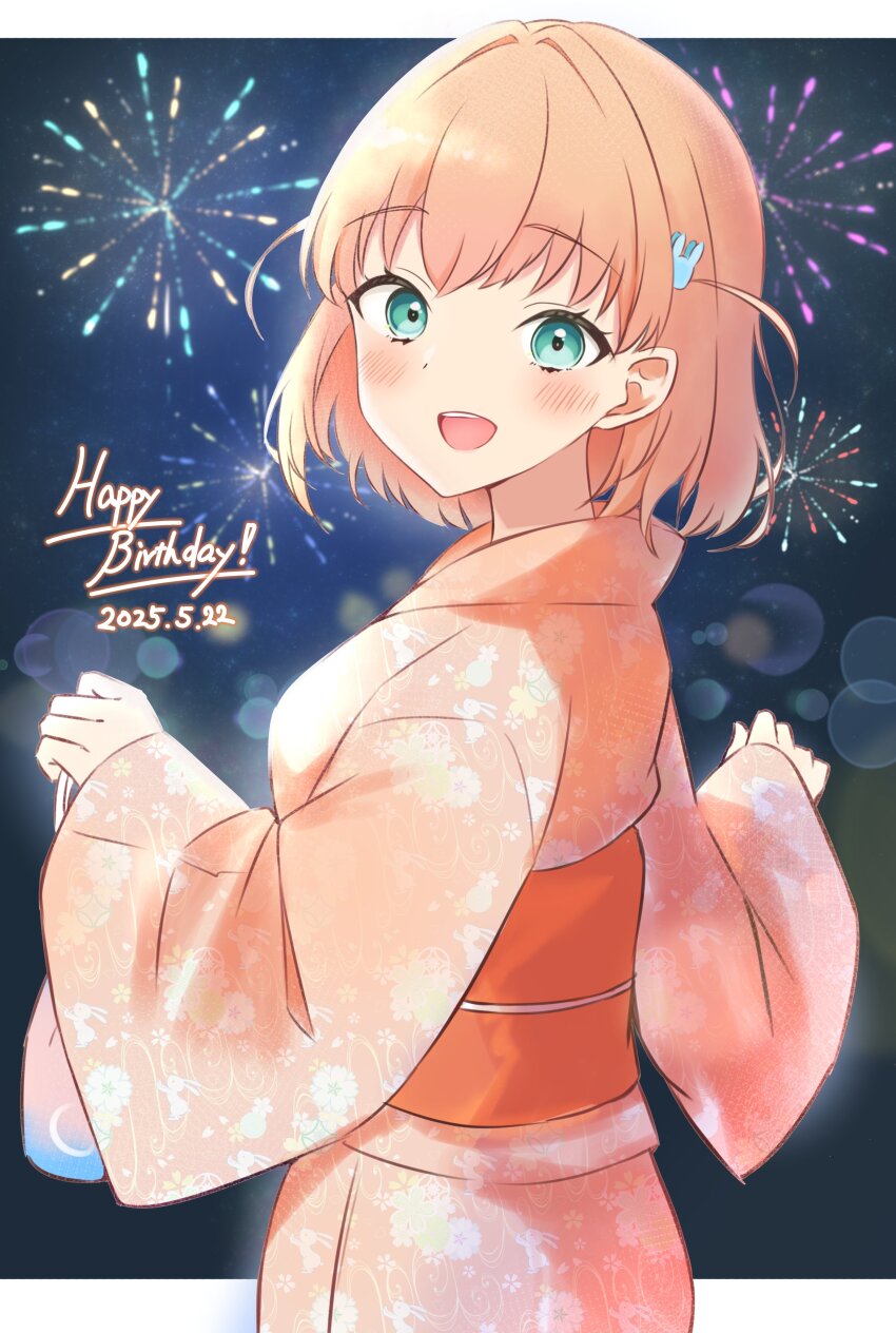 1girl absurdres aerial_fireworks aqua_eyes bag blurry bokeh commentary cowboy_shot dated depth_of_field english_text fireworks hair_ornament happy_birthday highres hinoshita_kaho hinoshita_kaho_(hokkoku_hanabi) holding holding_bag iroha_(nami3) japanese_clothes kimono letterboxed link!_like!_love_live! long_sleeves looking_at_viewer looking_back love_live! obi obijime official_alternate_costume orange_hair orange_kimono orange_sash outside_border rabbit_hair_ornament sash short_hair solo virtual_youtuber yukata