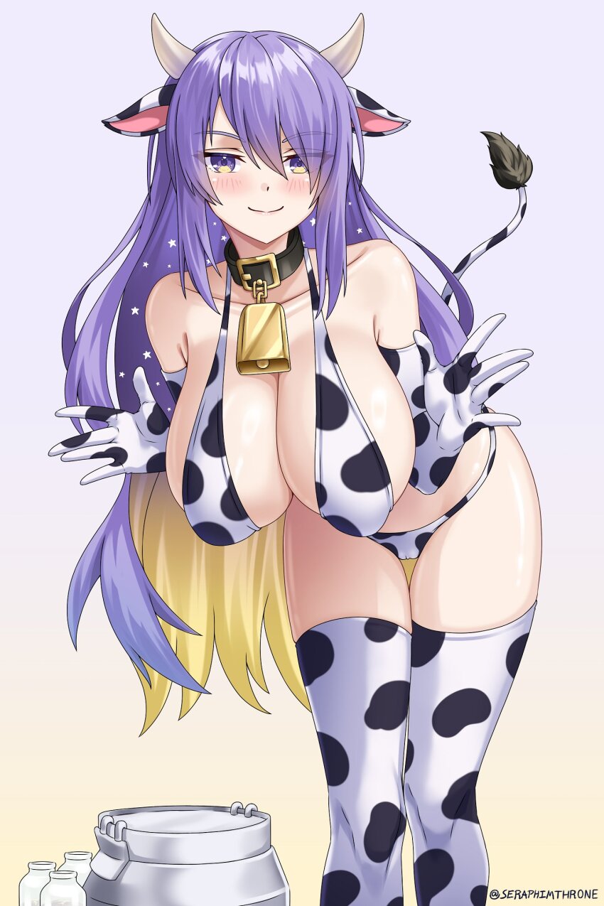 1girl animal_costume animal_ears animal_print bell bikini blonde_hair blush breasts choker colored_inner_hair cow_costume cow_ears cow_horns cow_print cow_print_bikini cow_print_gloves cow_print_thighhighs cow_tail cowbell fake_horns gloves gradient_hair hair_between_eyes highres hololive hololive_indonesia horns large_breasts long_hair looking_at_viewer milk moona_hoshinova multicolored_hair paid_reward_available print_bikini print_gloves print_thighhighs purple_eyes purple_hair seraphim_throne simple_background smile solo starry_hair swimsuit tail thighhighs two-tone_hair virtual_youtuber white_background