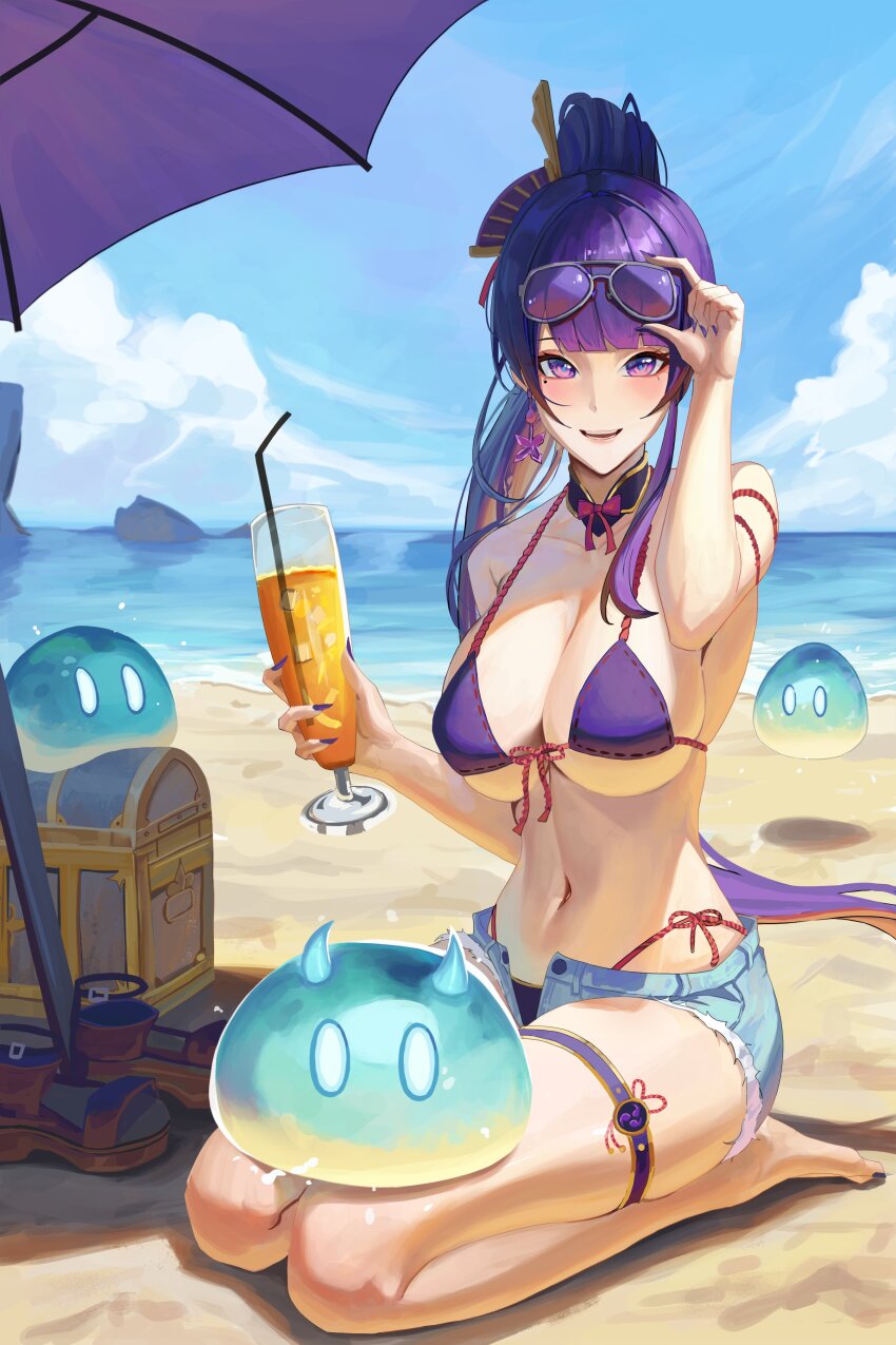 1girl absurdres adjusting_eyewear bare_shoulders barefoot beach bikini blue_shorts blue_sky blush bow bowtie breasts chest_(furniture) cleavage cloud cloudy_sky cocktail_glass collar collarbone commentary cup drinking_glass drinking_straw english_commentary genshin_impact highres holding holding_cup large_breasts long_hair looking_at_viewer mole mole_under_eye navel ocean open_fly open_mouth panties ponytail purple_bikini purple_bow purple_bowtie purple_collar purple_eyes purple_nails purple_panties purple_umbrella raiden_shogun rasipan rope sandals seiza short_shorts shorts sitting skindentation sky slime_(genshin_impact) smile solo stomach sunglasses swimsuit teeth thigh_strap toes umbrella underwear unworn_sandals