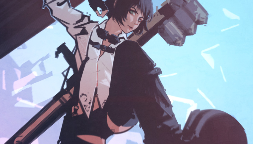 1girl black_gloves black_hair devil_may_cry_(series) devil_may_cry_5 fingerless_gloves gloves holding holding_rocket_launcher holding_weapon kalina_ann_(weapon) lady_(devil_may_cry) looking_at_viewer micro_shorts moshimoshibe rocket_launcher scar scar_on_face scar_on_nose shirt short_hair shorts weapon white_shirt