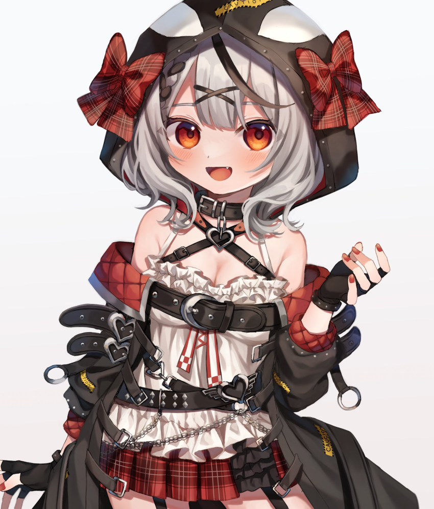 1girl :d aged_down akr_tmr animal_hood arm_up armpit_crease bare_shoulders belt belt_collar black_belt black_coat black_collar black_gloves black_streaks blush bow braid breasts camisole caution_tape center-flap_bangs chain cleavage coat collar commentary_request fang fingerless_gloves frilled_camisole frills gloves grey_hair hair_ornament half-skirt heart heart_o-ring highres hololive hood hood_bow hood_up jacket long_sleeves looking_at_viewer miniskirt multicolored_hair nail_polish o-ring off-shoulder_coat off_shoulder open_clothes open_coat open_mouth orca_hood plaid_bow plaid_clothes plaid_skirt pleated_skirt quilted_jacket red_bow red_eyes red_nails red_skirt sakamata_chloe sakamata_chloe_(1st_costume) side_braid single_braid skirt sleeve_cuffs small_breasts smile solo standing streaked_hair thigh_strap two-sided_fabric two-sided_jacket virtual_youtuber white_camisole x_hair_ornament