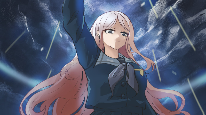 1755328969 absurdres bang_dream! bang_dream!_it&#039;s_mygo!!!!! blonde_hair blue_serafuku breasts chinese_commentary closed_mouth commentary_request cowboy_shot grey_eyes grey_neckerchief highres long_hair long_sleeves looking_down medium_breasts nagasaki_soyo neckerchief outdoors sailor_collar school_uniform serafuku tsukinomori_school_uniform white_sailor_collar wuthering_waves