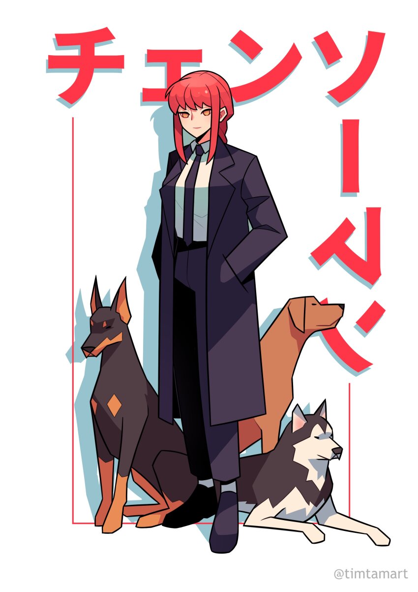 1girl 3others absurdres black_coat black_necktie black_pants braid braided_ponytail chainsaw_man coat collared_shirt formal_clothes german_shepherd hands_in_pockets highres husky looking_at_viewer makima_(chainsaw_man) medium_hair multiple_others necktie pants red_hair rhodesian_ridgeback shirt shirt_tucked_in sidelocks simple_background smile solo_focus standing suit timtam twitter_username white_background white_shirt