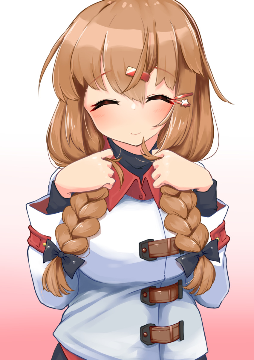 1girl alternate_hairstyle blush braid brown_hair closed_eyes closed_mouth gradient_background hair_between_eyes hair_ornament hairclip highres jacket kantai_collection komb long_hair long_sleeves smile solo tashkent_(kancolle) twin_braids upper_body white_jacket