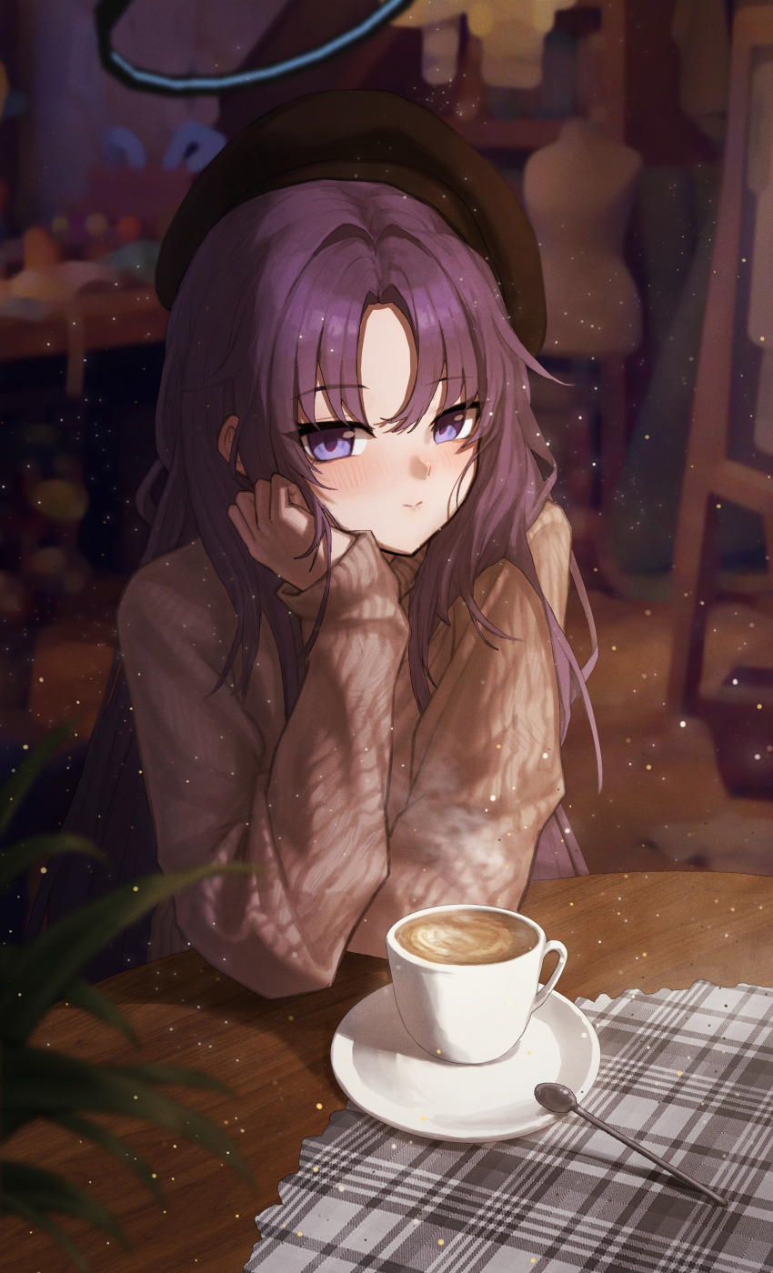 1girl absurdres arms_on_table beret black_halo black_hat blue_archive blue_eyes blurry blurry_background blurry_foreground blush brown_sweater closed_mouth coffee coffee_mug commentary_request cup curtained_hair fuka_(pixiv_84081952) hair_intakes hair_over_shoulder halo hat head_on_hand head_rest highres indoors light_particles long_hair long_sleeves looking_at_viewer mannequin mechanical_halo mug parted_bangs plaid plant purple_hair raised_eyebrow ribbed_sweater round_table saucer sidelocks sitting sleeves_past_wrists smile solo spoon steam sweater table turning_head yuuka_(blue_archive)