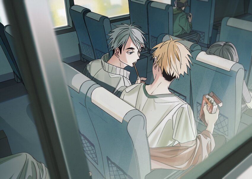 2boys black_hair black_pants blonde_hair box brothers bus_interior commentary_request crew_neck fingernails food grey_eyes grey_hair haikyuu!! highres holding holding_box holding_food jacket jacket_partially_removed male_focus miya_atsumu miya_osamu miyaii17 multicolored_hair multiple_boys open_mouth pants parted_bangs people pocky red_jacket shirt siblings sitting twins two-tone_hair window