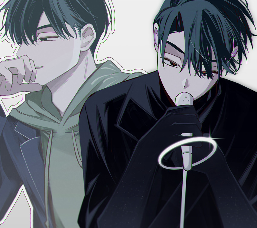 1boy alien_stage black_coat black_eyes black_gloves black_hair black_shirt blue_coat coat commentary gloves green_hoodie holding holding_microphone hood hoodie ivan_(alien_stage) long_sleeves looking_at_viewer male_focus microphone multiple_views red_pupils s301t9 shirt short_hair simple_background smile white_background