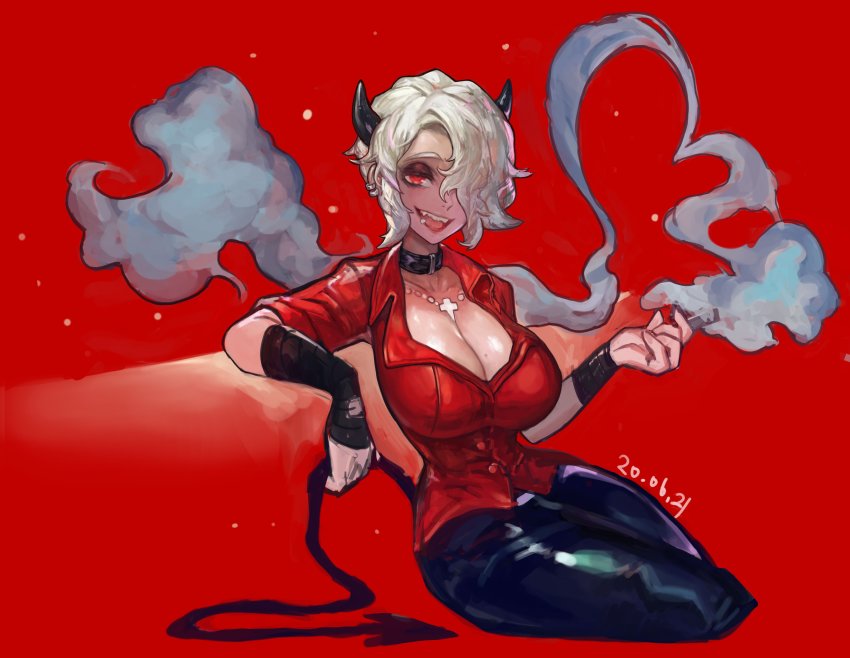 1girl absurdres black_horns black_pants breasts cigarette cross demon_girl demon_horns demon_tail dydldidl ear_piercing fangs helltaker highres horns large_breasts non-web_source pants piercing red_shirt shirt sitting smoke tail white_hair zdrada_(helltaker)
