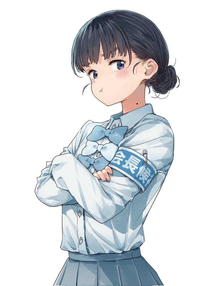 :t basori_tiara black_hair blue_bow blue_bowtie blue_eyes blunt_bangs blush bow bowtie closed_mouth commentary_request crossed_arms hair_bun highres imigimuru long_sleeves looking_at_viewer make_heroine_ga_oo_sugiru! medium_hair mole mole_on_neck official_art pleated_skirt pout school_uniform simple_background skirt tsuwabuki_high_school_uniform white_background white_bow white_bowtie