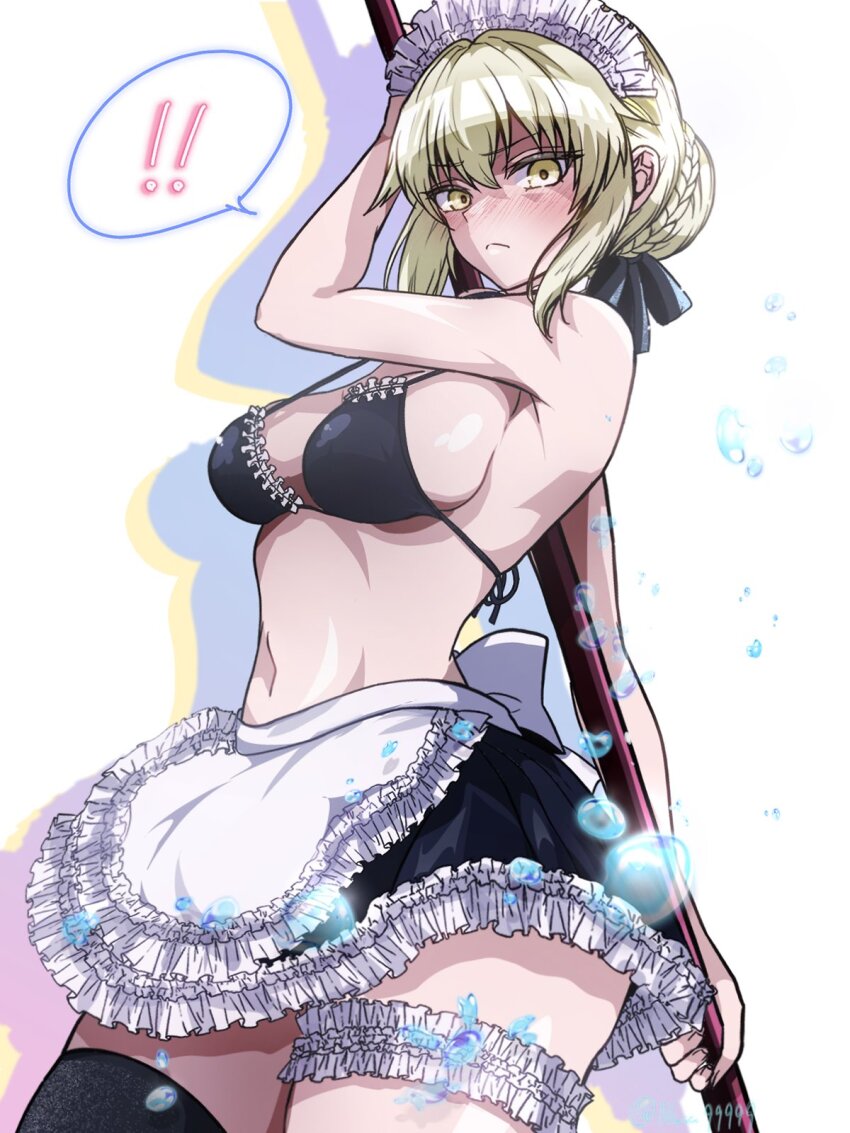 1girl apron artoria_pendragon_(fate) bare_shoulders bikini black_bikini black_ribbon black_skirt black_thighhighs blonde_hair blush braid breasts cleavage fate/grand_order fate_(series) frilled_thigh_strap hair_bun hair_ribbon highres long_hair looking_at_viewer maid maid_bikini maid_headdress medium_breasts mop navel ribbon saber_alter saber_alter_(swimsuit_rider) saber_alter_(swimsuit_rider)_(second_ascension) satou_nui sidelocks skirt solo swimsuit thigh_strap thighhighs thighs unconventional_maid waist_apron white_apron yellow_eyes