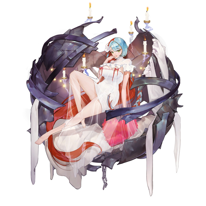 1girl absurdly_long_hair asymmetrical_bangs babydoll bed_sheet blue_hair braid breasts broken broken_chain candle chain collar covered_navel dress electricity finger_to_mouth fire floating floating_object flower frilled_collar frilled_dress frills full_body game_cg green_eyes hair_flower hair_ornament heart heart-shaped_pillow highres large_breasts last_origin light_blue_hair long_hair machinery multicolored_hair neodym nightgown official_alternate_costume official_art open_mouth pillow red_hair red_ribbon ribbon rorobomb see-through_clothes short_dress solo strapless strapless_dress swimsuit tachi-e taut_clothes taut_dress transparent_background two-tone_hair very_long_hair white_dress white_flower