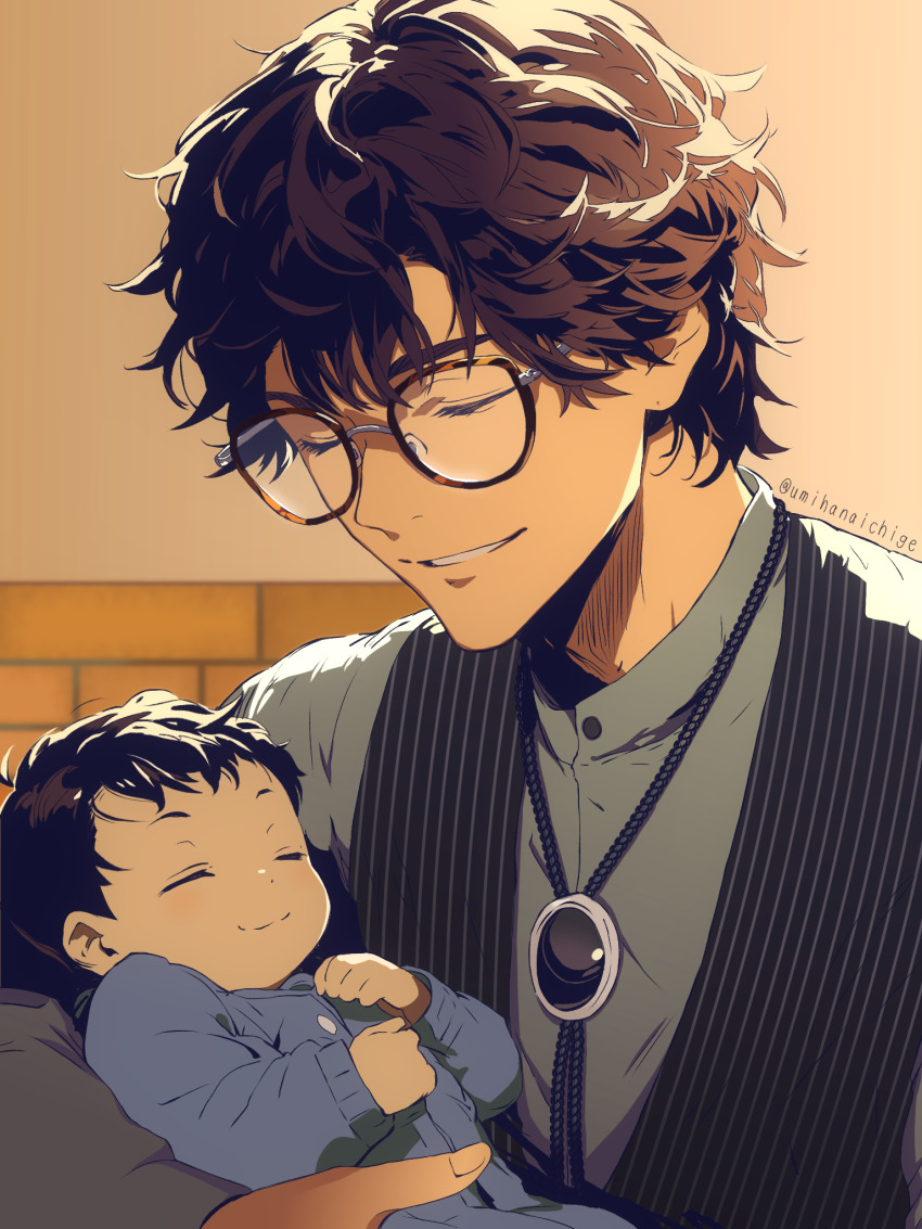 1boy 1other baby black_brooch black_hair brooch brown_hair carrying carrying_baby carrying_person character_request closed_eyes commentary_request glasses grey_shirt highres jewelry kamen_rider kamen_rider_gavv_(series) male_focus onesie parent_and_child shirt short_hair smile solo_focus striped_clothes striped_vest suga_kenzo twitter_username umihanaichige upper_body vertical-striped_clothes vertical-striped_vest vest