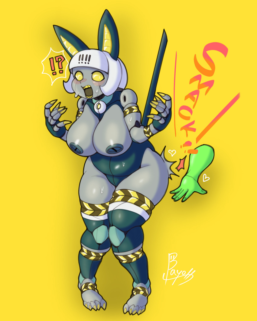 ! !! !? 1girl absurdres animal_ears artist_name blush breasts cat_girl colored_skin colored_teeth commentary disembodied_hand doctor5648 full_body green_skin highres huge_breasts humanoid_robot joints knees_together_feet_apart medium_hair nipples no_pupils open_mouth plump robo-fortune robot robot_girl robot_joints skullgirls sound_effects spanking standing sweat tail thick_thighs thighs white_hair yellow_background yellow_eyes yellow_teeth