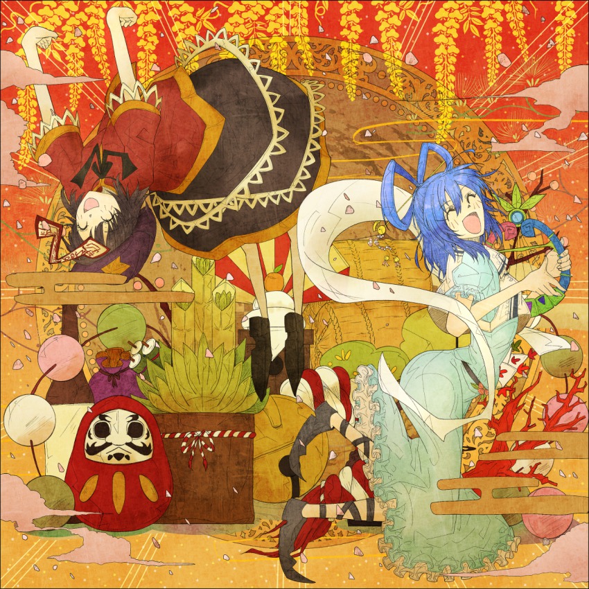 2girls ^_^ black_hair blue_dress blue_hair closed_eyes daruma_doll dress egasumi closed_eyes female_focus hair_ornament hair_rings hair_stick harp hat highres instrument kaku_seiga miyako_yoshika multiple_girls ofuda open_mouth outstretched_arms pandora-ex short_hair skirt skirt_set smile touhou zombie_pose