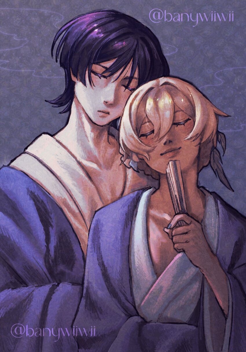 1boy 1girl absurdres alternate_costume alternate_hairstyle alternate_skin_color blue_nails blunt_ends closed_eyes closed_mouth collarbone dark-skinned_female dark_skin double-parted_bangs ebany_ohuet eyelashes feather_hair_ornament feathers folding_fan genshin_impact hair_between_eyes hair_intakes hair_ornament hand_fan hand_up haori heads_together hetero highres holding holding_fan japanese_clothes kimono layered_sleeves long_sleeves lumine_(genshin_impact) nape_braid painterly purple_hair purple_haori purple_sleeves red_lips scaramouche_(genshin_impact) simple_background smile twitter_username white_feathers white_kimono white_sleeves wide_sleeves