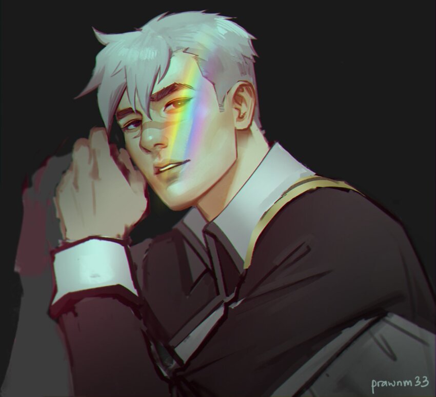 1boy arm_up black_background black_eyes collared_jacket commentary english_commentary hair_between_eyes jacket looking_to_the_side male_focus mistermagnolia parted_lips rainbow scar scar_on_face simple_background sleeve_cuffs solo takashi_shirogane teeth thick_eyebrows voltron:_legendary_defender voltron_(series) white_hair wing_collar