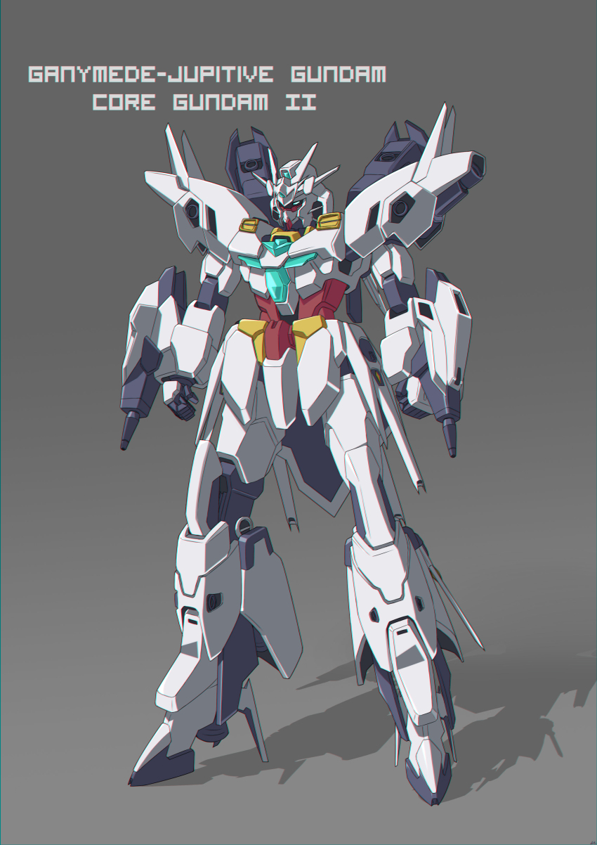 absurdres aqua_eyes character_name chinese_commentary clenched_hands clotho_matcha commentary english_commentary grey_background gundam gundam_build_divers gundam_build_divers_re:rise gunpla highres jupitive_gundam looking_down mecha mixed-language_commentary model_kit no_humans redesign robot solo standing v-fin