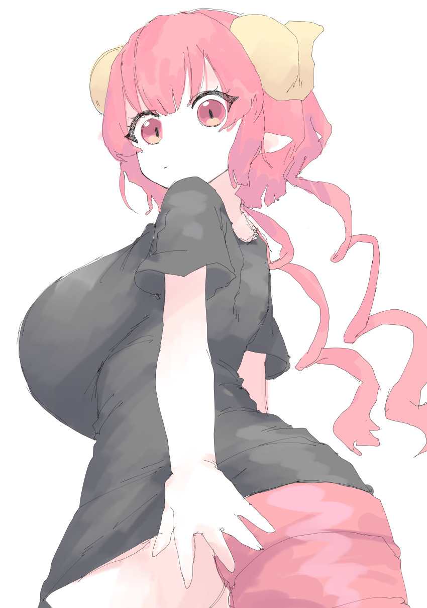 1girl absurdres black_shirt black_thighhighs breasts closed_mouth commentary curled_horns dragon_horns dragon_tail highres horns huge_breasts ilulu_(maidragon) kobayashi-san_chi_no_maidragon large_breasts long_hair long_shirt looking_at_viewer mocamocaink pointy_ears red_eyes red_hair shirt shortstack simple_background slit_pupils solo standing tail tail_under_clothes thighhighs twintails upper_body white_background yellow_horns