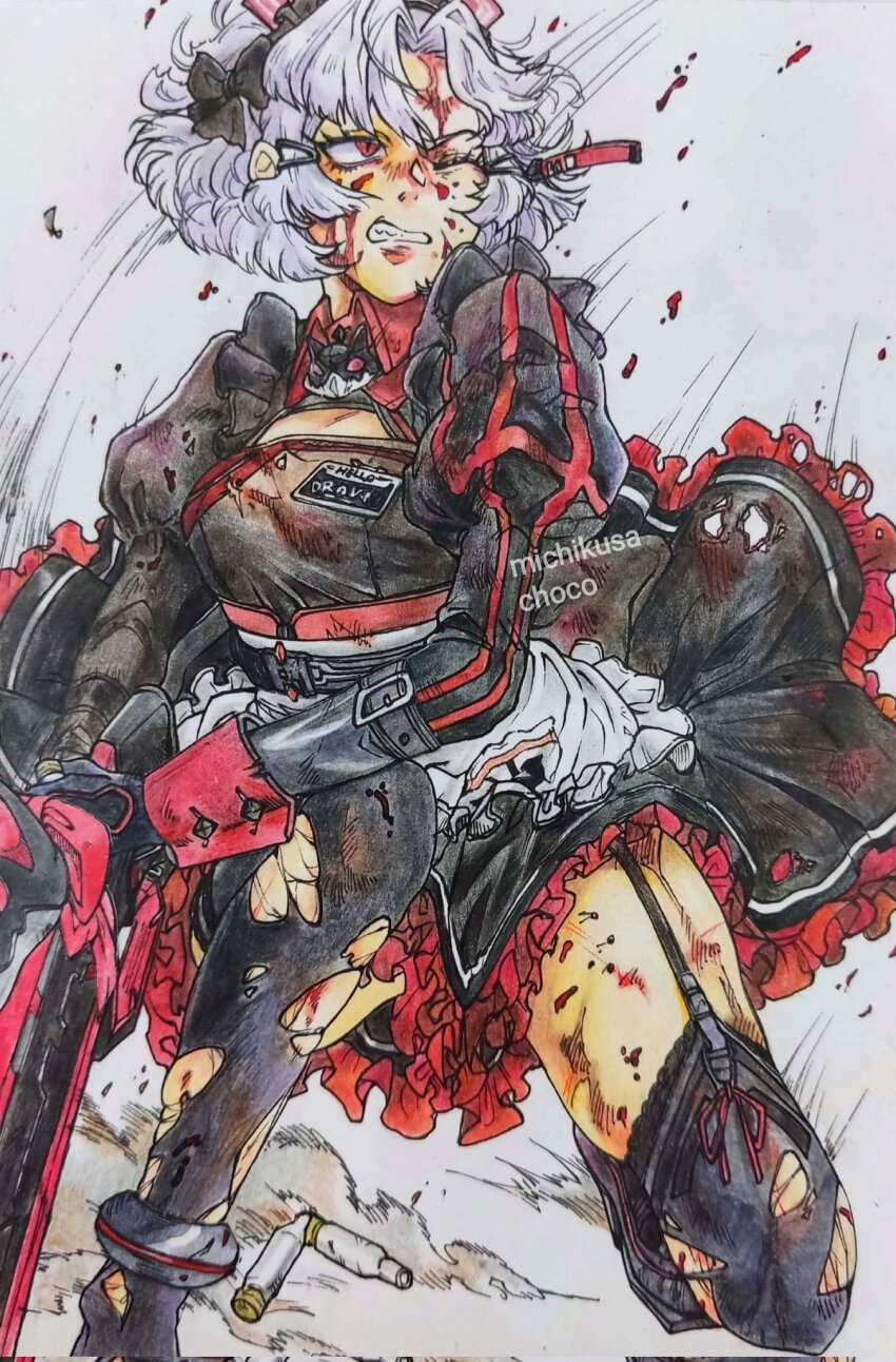 1girl alternate_costume apron artist_name blood breasts colored_pencil_(medium) drake_(maid_for_villain)_(nikke) drake_(nikke) earrings enmaided frilled_apron frills goddess_of_victory:_nikke hair_ornament hairclip highres holding holding_weapon injury jewelry maid maid_headdress medium_breasts michikusa_choco on_one_knee red_eyes shell_casing short_hair solo traditional_media weapon white_hair