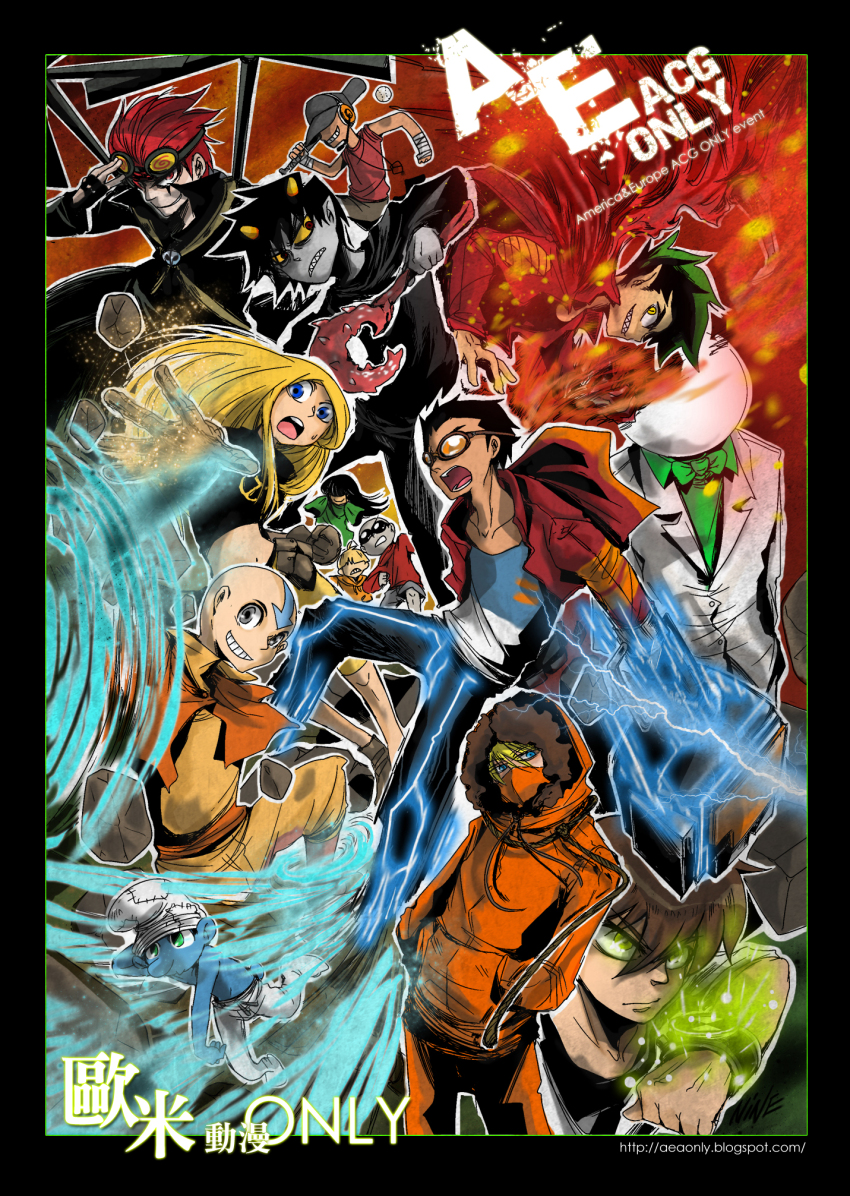 1girl 6+boys aang american_dragon_jake_long avatar_legends bald baseball_cap ben_10 ben_tennyson black_border black_coat black_hair blonde_hair blue_eyes blue_shirt blue_skin border bow bowtie brown_gloves brown_hair capelet character_request coat colored_sclera colored_skin commentary_request copyright_request crossover dark-skinned_male dark_skin dc_comics debris electricity fire formal_clothes fur-trimmed_hood fur_trim generator_rex gloves goggles goggles_on_eyes goggles_on_head green_bow green_bowtie green_eyes green_hair green_shirt grey_hat grey_skin grin hands_in_pockets hat highres homestuck hood hood_up hoodie jacket jake_long kenny_mccormick long_hair mask mechanical_arms multiple_boys nine_(ninevsnine) omnitrix open_mouth orange_capelet orange_goggles orange_hoodie popped_collar red_hair red_jacket rex_salazar rock sharp_teeth shirt short_hair smile smurf south_park suit teen_titans teeth terra_(dc) the_smurfs transformation two-tone_shirt white_hat white_jacket white_shirt yellow_eyes yellow_sclera