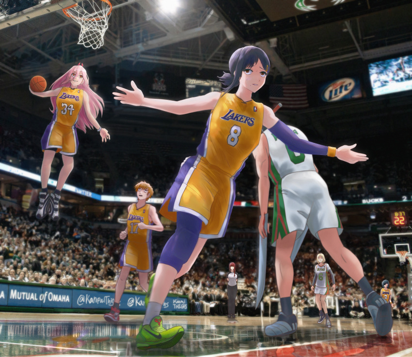 2boys 5girls absurdres american_flag arm_warmers audience ball basketball_(object) basketball_court basketball_hoop basketball_jersey black_hair blonde_hair brown_eyes chainsaw_man commentary cosplay crossover denji_(chainsaw_man) dwyane_wade english_commentary grin hair_ornament hairclip higashiyama_kobeni highres himeno_(chainsaw_man) holding holding_ball horns indoors jumping kanpaithighs katana katana_man_(chainsaw_man) knee_pads kobe_bryant kobe_bryant_(cosplay) lebron_james long_hair looking_up los_angeles_lakers makima_(chainsaw_man) miller_lite milwaukee_bucks mole mole_under_mouth multiple_boys multiple_girls name_connection national_basketball_association nike_(company) number_print open_mouth outstretched_arms parted_lips people photo-referenced photo_background pink_hair playing_sports ponytail power_(chainsaw_man) real_life red_eyes red_hair referee reflective_floor running sawatari_akane_(chainsaw_man) shaquille_o&#039;neal shaquille_o&#039;neal_(cosplay) shoes short_hair short_ponytail single_arm_warmer single_knee_pad slam_dunk_(basketball) smile sneakers sportswear stadium sword weapon wristband