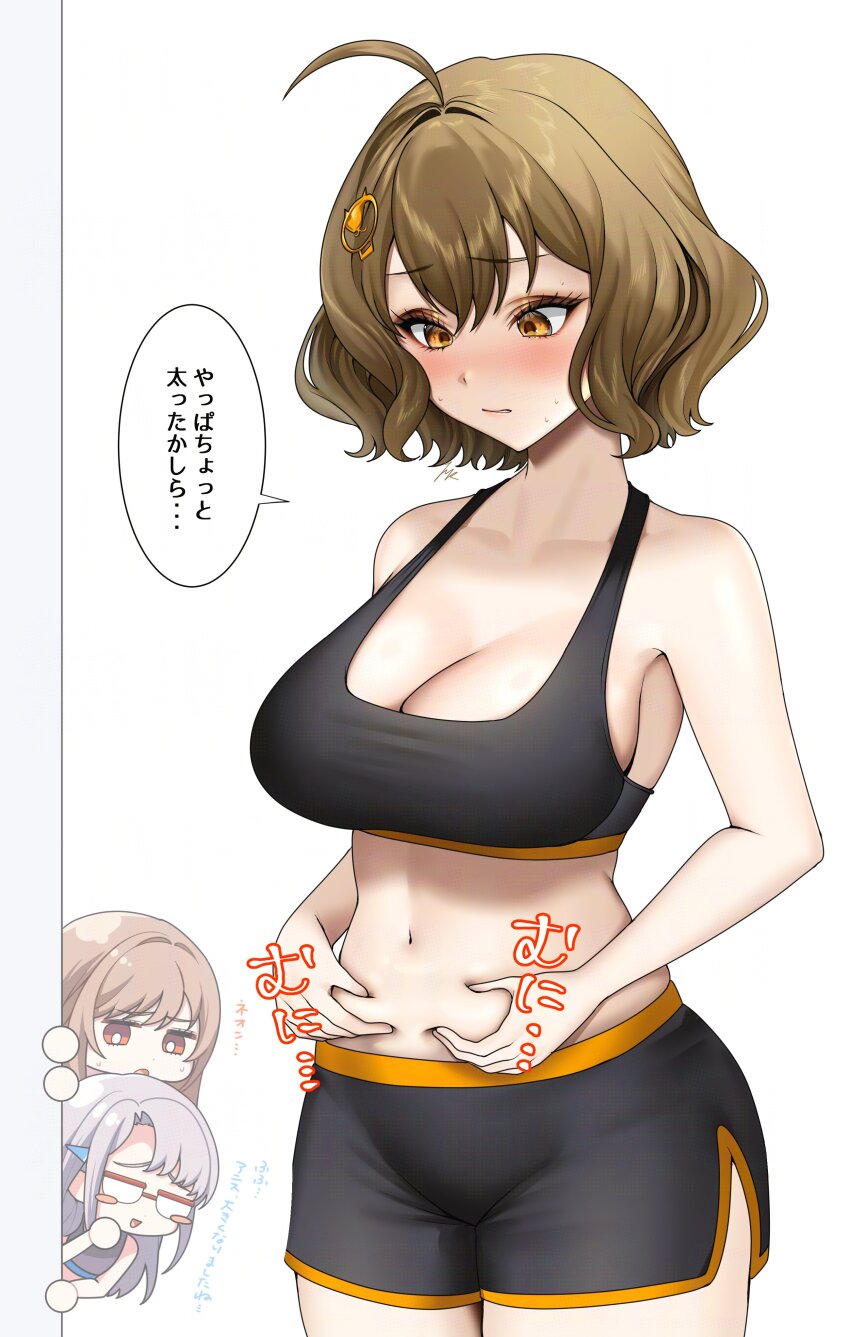 3girls absurdres ahoge anis_(nikke) belly belly_grab bike_shorts black_sports_bra blush breasts brown_eyes brown_hair cat_hair_ornament cleavage counters_(nikke) fat_rolls glasses goddess_of_victory:_nikke hair_ornament highres large_breasts long_hair multiple_girls neon_(nikke) open_mouth pinching rapi_(nikke) red_eyes short_hair smile sports_bra weight_conscious ymr_yamero