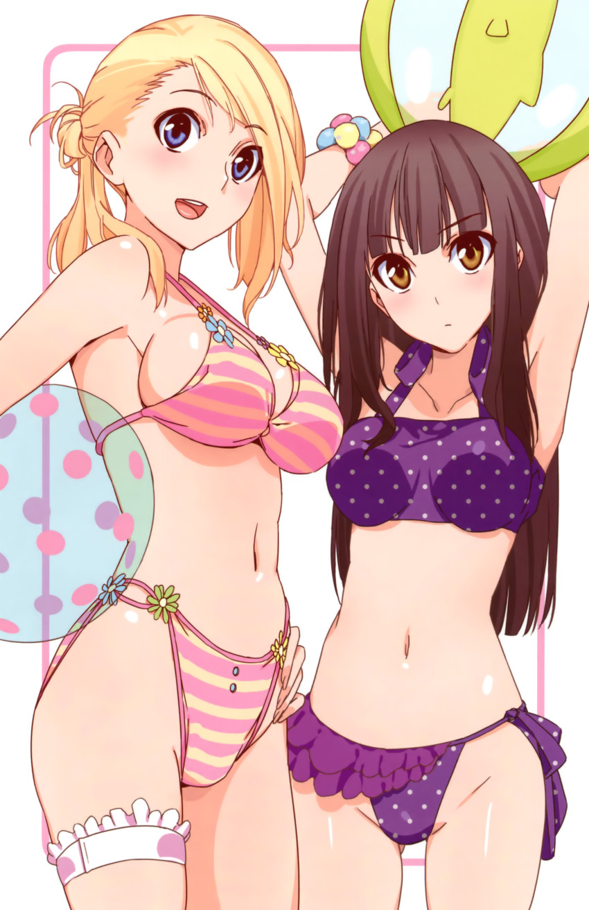2girls :d absurdres armpits arms_up ball beachball bikini black_hair blonde_hair blue_eyes blunt_bangs blush bracelet breasts brown_eyes collarbone frilled_thigh_strap hand_on_own_hip highleg highleg_bikini highres jewelry large_breasts lisa_cayce_foster long_hair memories_off memories_off_yubikiri_no_kioku morii_shizuki multiple_girls nagumo_kasumi navel open_mouth polka_dot polka_dot_bikini polka_dot_swimsuit side-tie_bikini_bottom sideboob smile source_request standing striped_bikini striped_clothes swimsuit thigh_strap