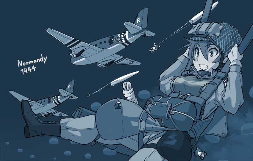 1girl 82_airborne aircraft airplane blue_theme boots c-47 d-day gloves helmet mikoyan military military_combat_uniform military_uniform original parachute paratrooper sky soldier weapon world_war_ii