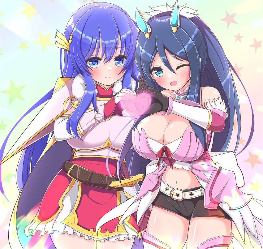 2girls armor asage_(asgsn) black_shorts blue_eyes blue_hair blush breastplate breasts buckle caeda_(beloved_queen)_(fire_emblem) caeda_(fire_emblem) cleavage fingerless_gloves fire_emblem fire_emblem:_mystery_of_the_emblem fire_emblem:_shadow_dragon_and_the_blade_of_light fire_emblem_heroes gloves heart heart_hands highres large_breasts multiple_girls navel nintendo official_alternate_costume oribe_tsubasa shorts star_(symbol) star_symbol_background sword thighhighs tokyo_mirage_sessions_fe weapon